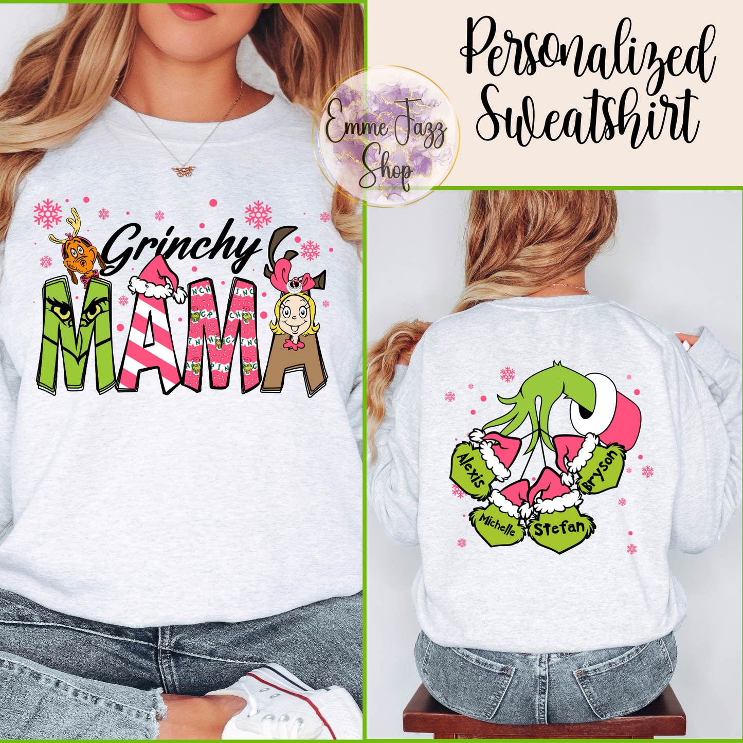 Personalized Grinchy Mama & Kids Names Sweatshirt