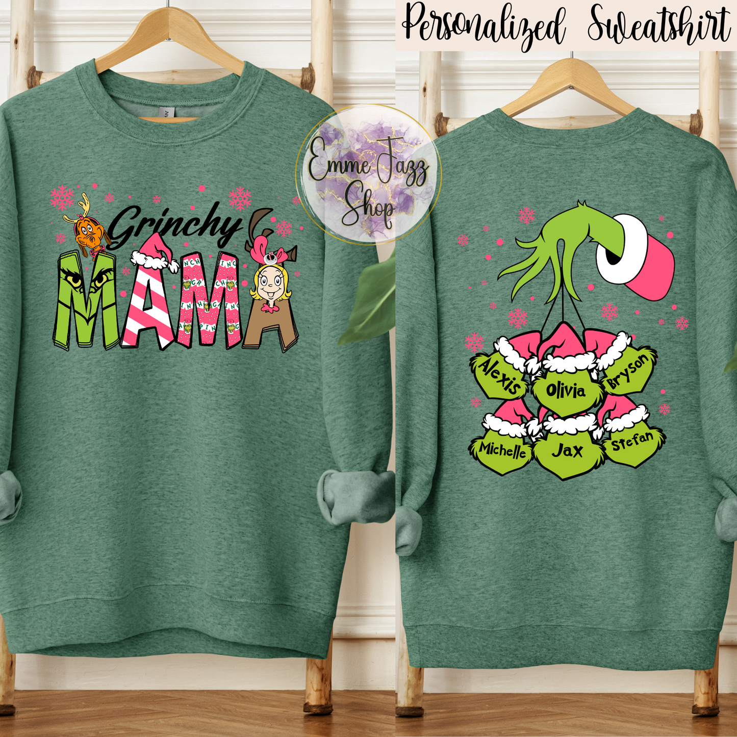 Personalized Grinchy Mama & Kids Names Sweatshirt
