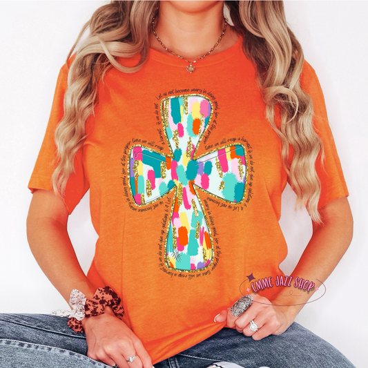 Colorful Paintstroked Cross With Scripture Shirt