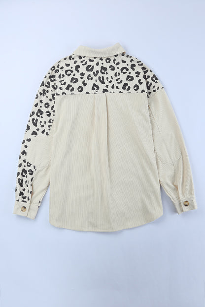 Double Take Leopard Print Pocketed Corduroy Jacket