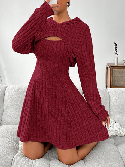 Wide Strap Dress and Long Sleeve Hooded Top Set