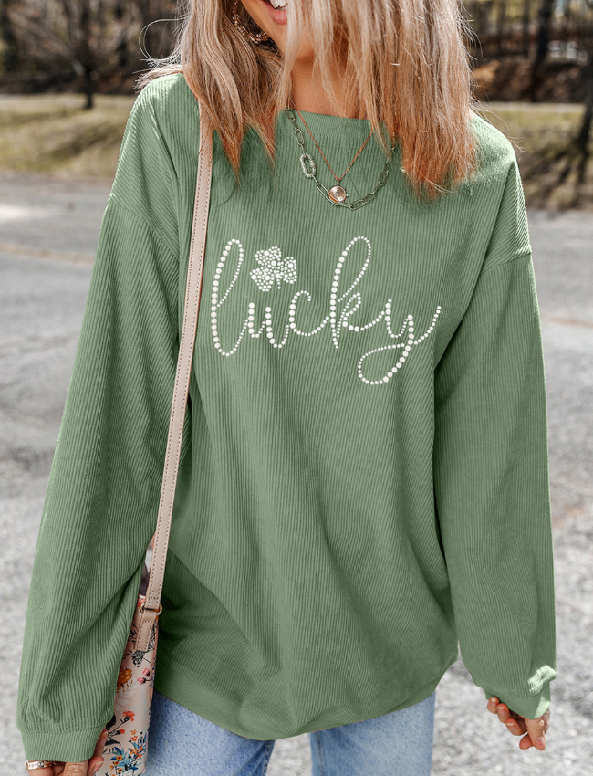 LUCKY Rhinestone Round Neck Long Sleeve Sweatshirt