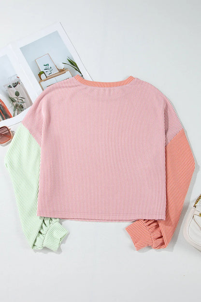 Color Block Round Neck Long Sleeve Top