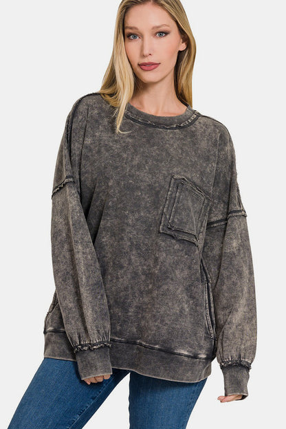 Zenana Exposed Seam Round Neck Dropped Shoulder Sweatshirt