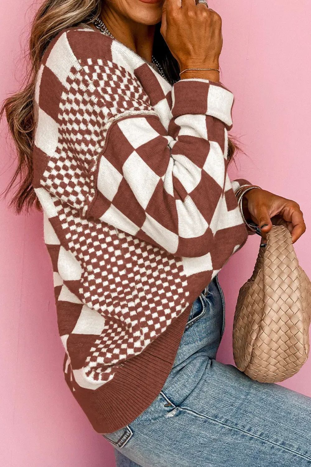 Checkered Round Neck Long Sleeve Sweater