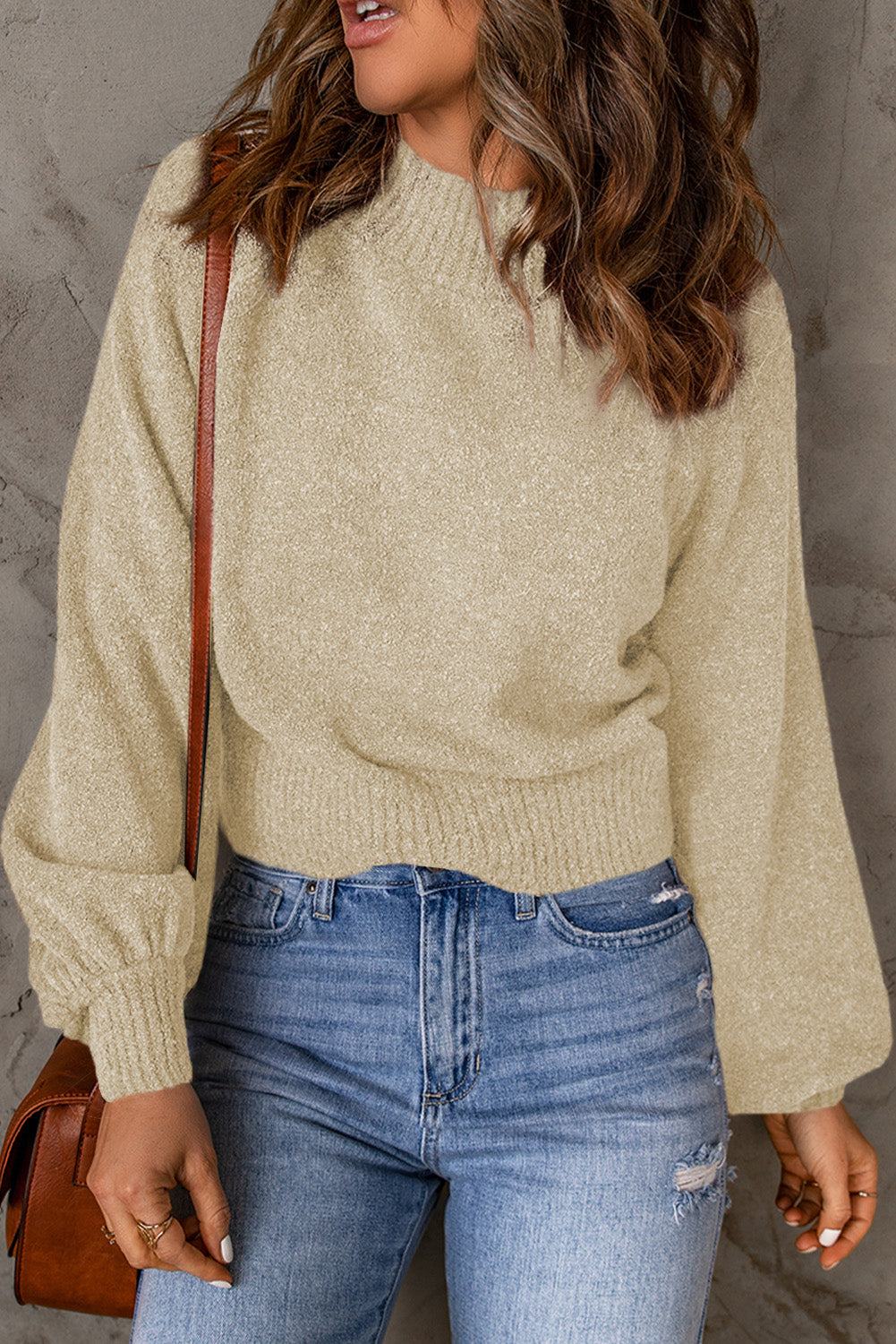 Ribbed Trim Balloon Sleeve Sweater