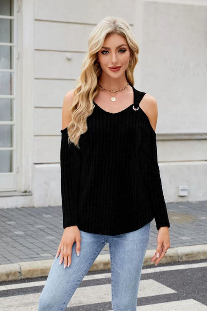 Ribbed Cold Shoulder Long Sleeve Top