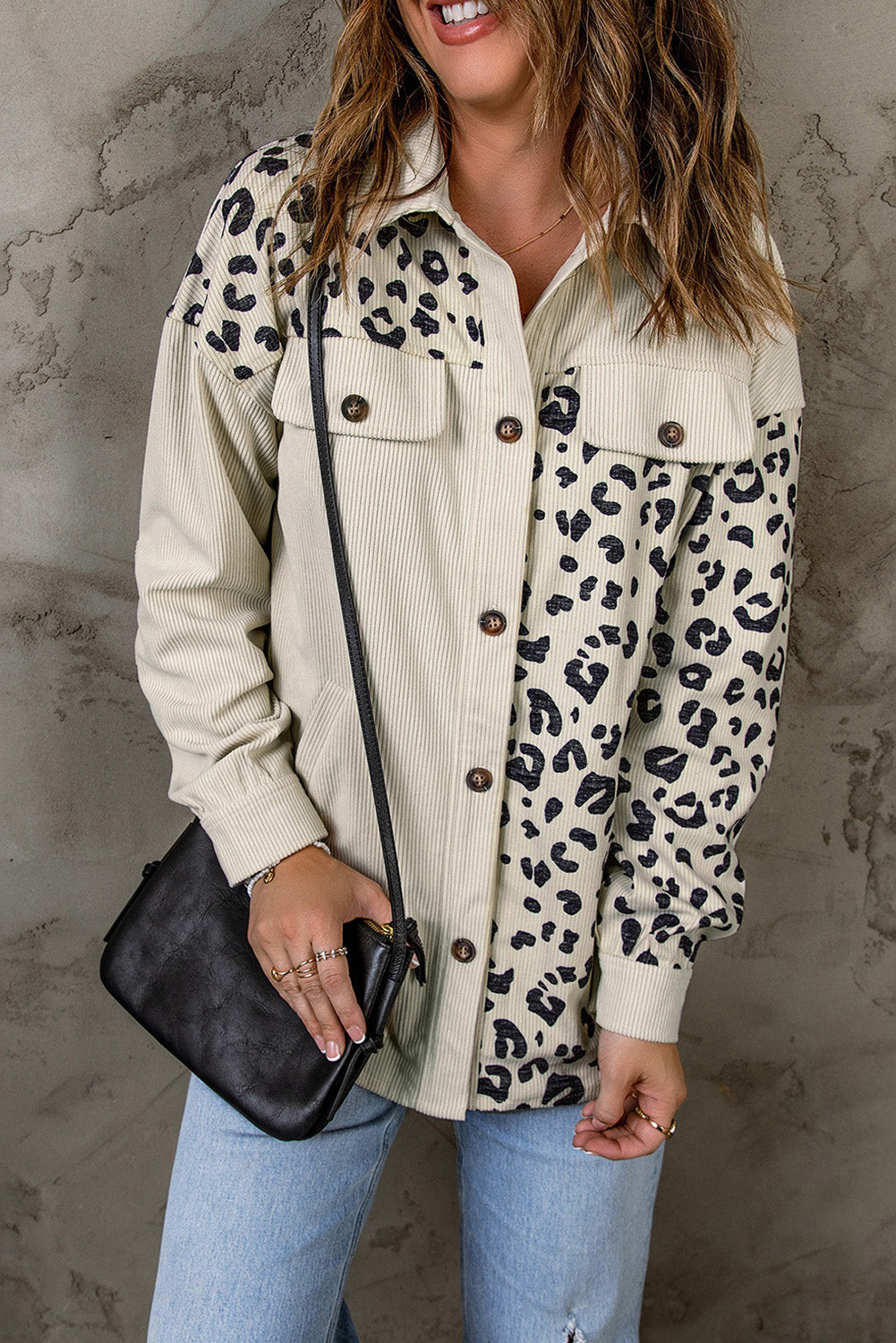 Double Take Leopard Print Pocketed Corduroy Jacket