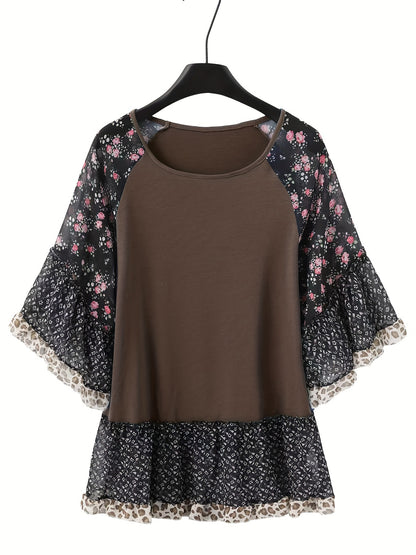 Full Size Frill Printed Round Neck Half Sleeve Blouse