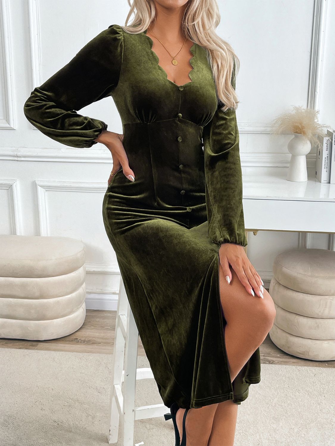 Perfee Slit V-Neck Long Sleeve Midi Dress