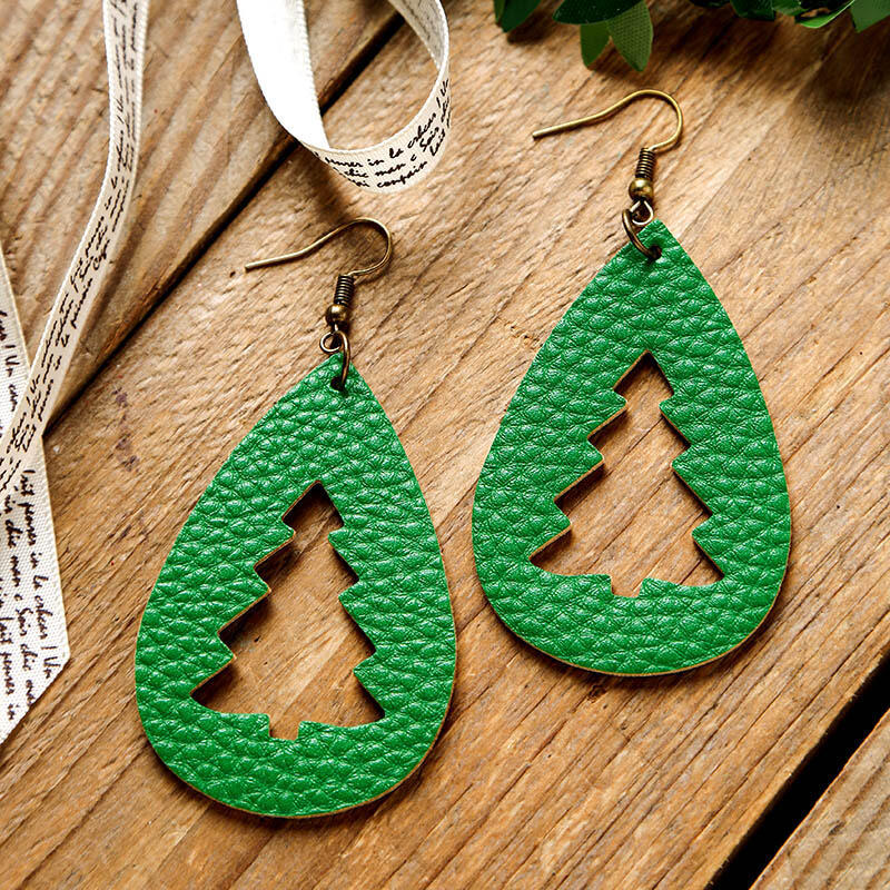 PU Leather Cutout Christmas Tree Earrings