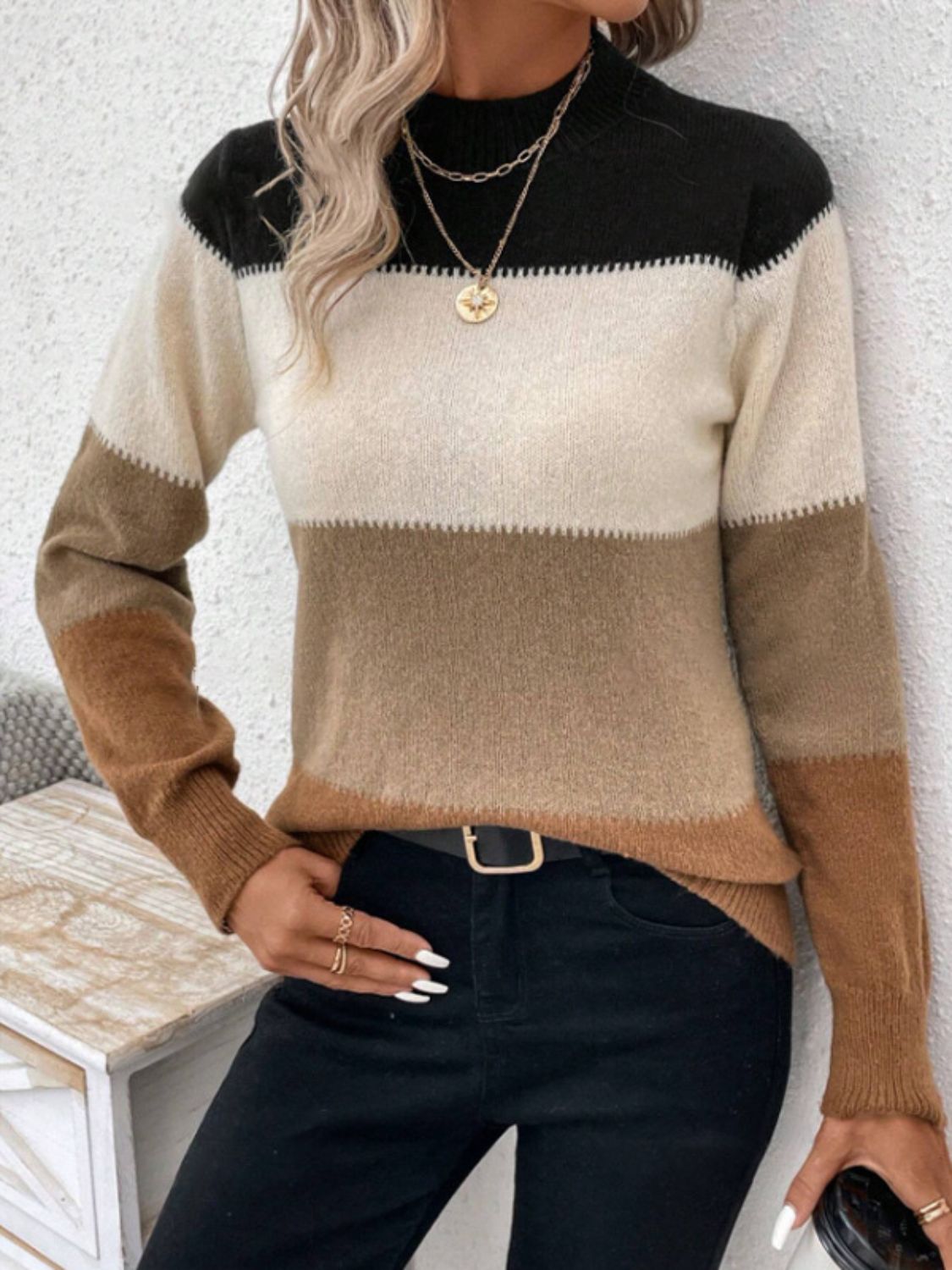 Color Block Mock Neck Long Sleeve Sweater