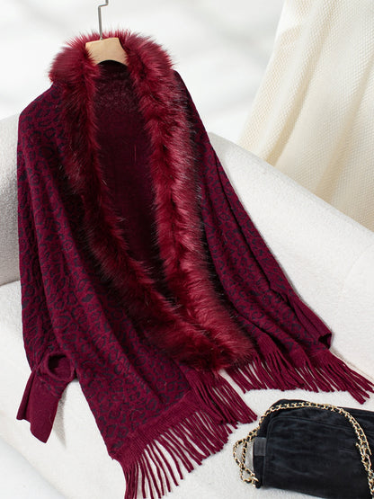 Fringe Leopard Open Front Long Sleeve Poncho