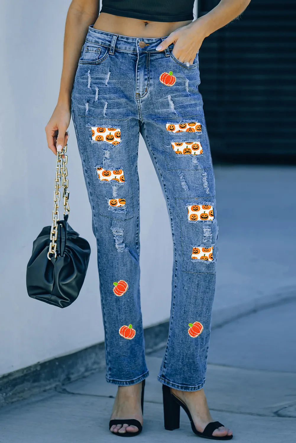 Distressed Pumpkin Jeans with Pockets