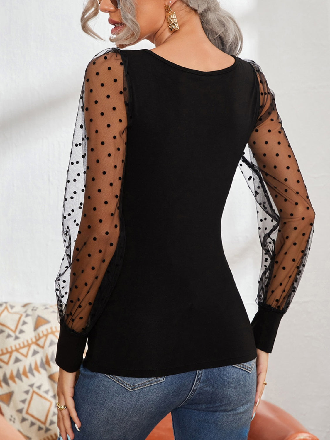 FAM-FAM Square Neck Polka Dot Long Sleeve T-Shirt