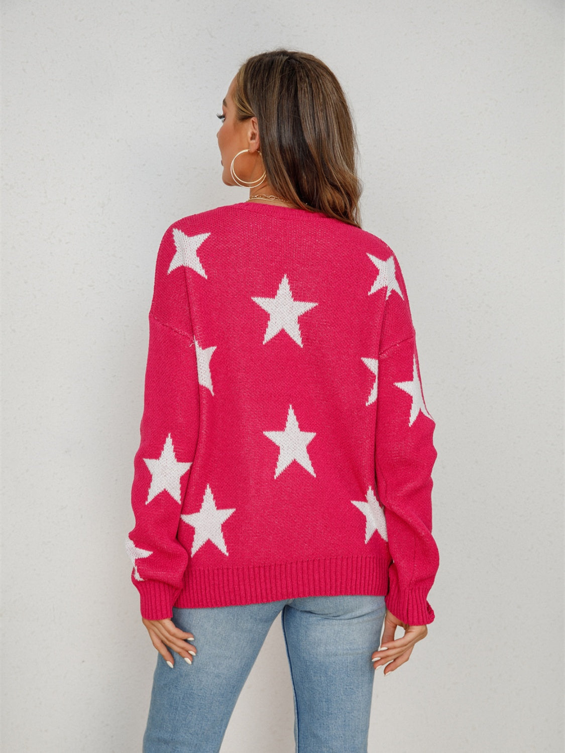 Angel Wings Star Round Neck Dropped Shoulder Sweater