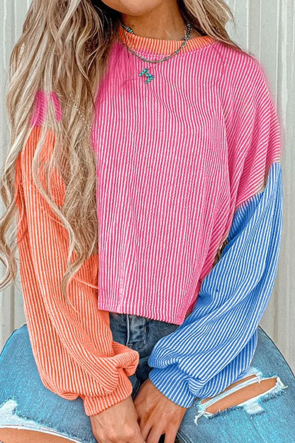 Color Block Round Neck Long Sleeve Top