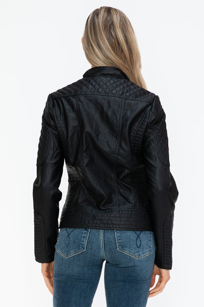 Snobbish Faux Leather Zip Up Mock Neck Jacket