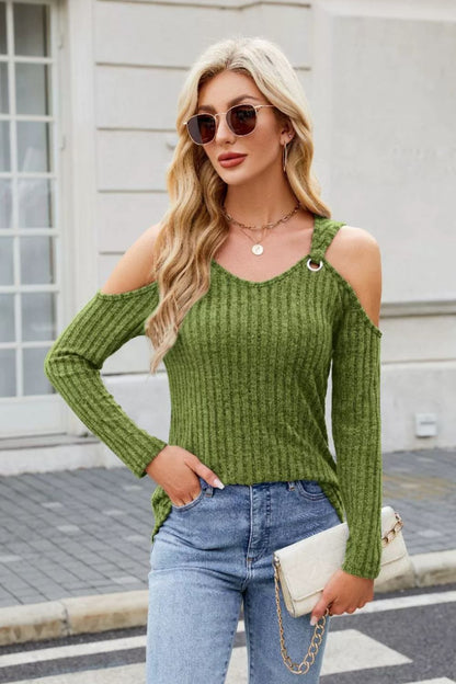 Ribbed Cold Shoulder Long Sleeve Top