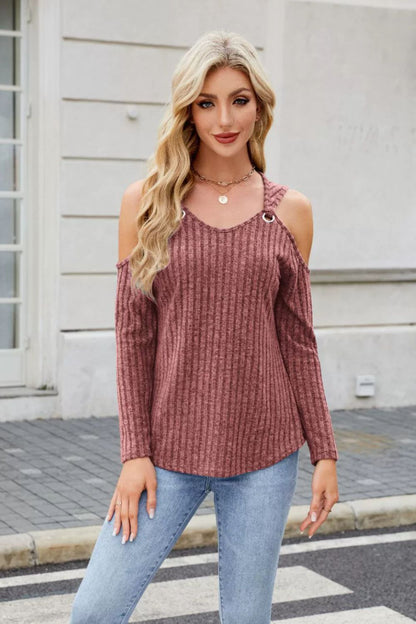 Ribbed Cold Shoulder Long Sleeve Top