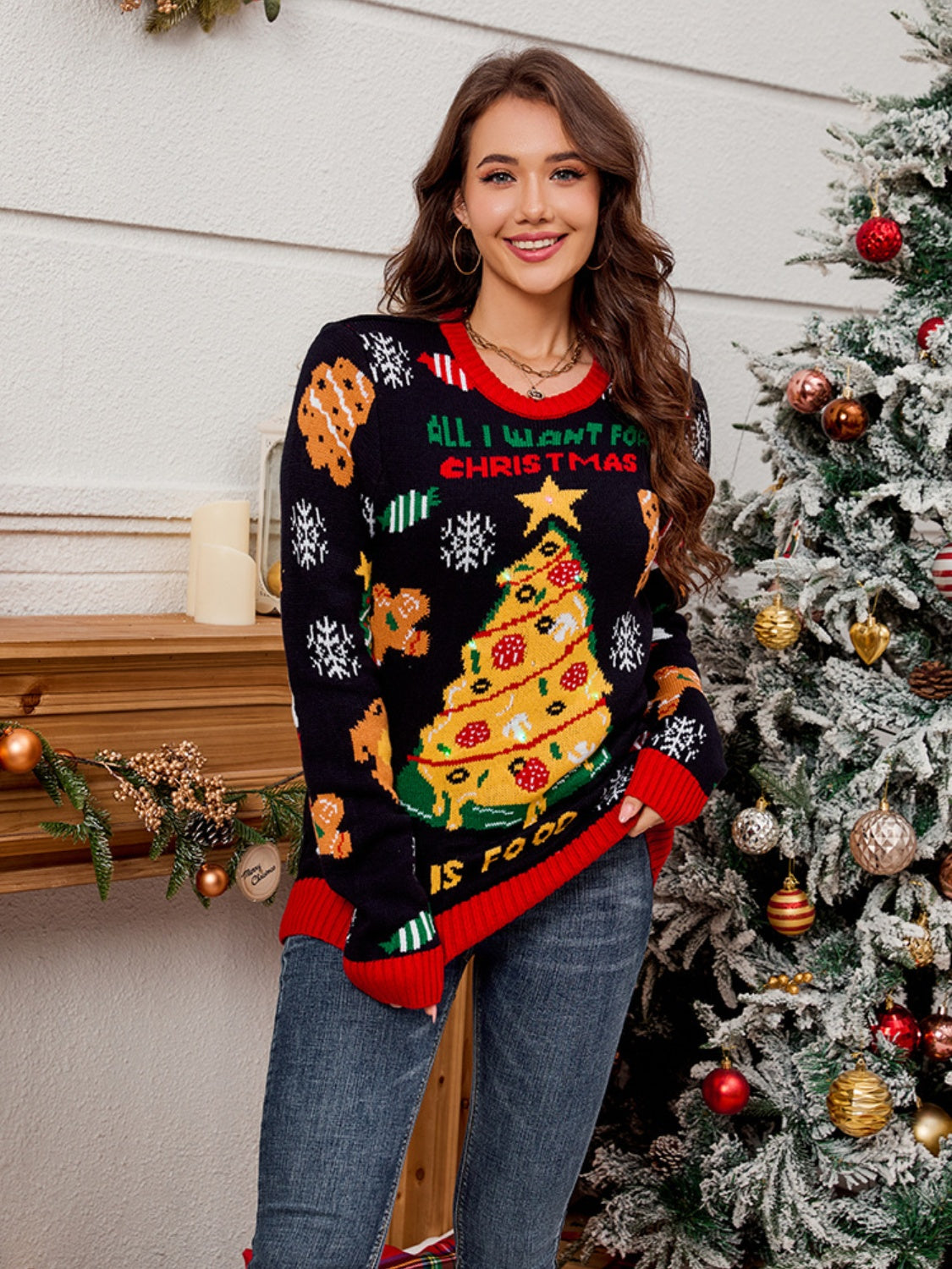 Christmas Element Round Neck Long Sleeve Sweater