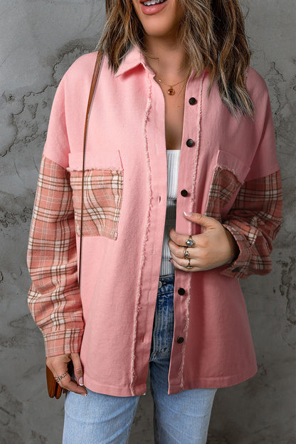 Double Take Plaid Raw Trim Shacket